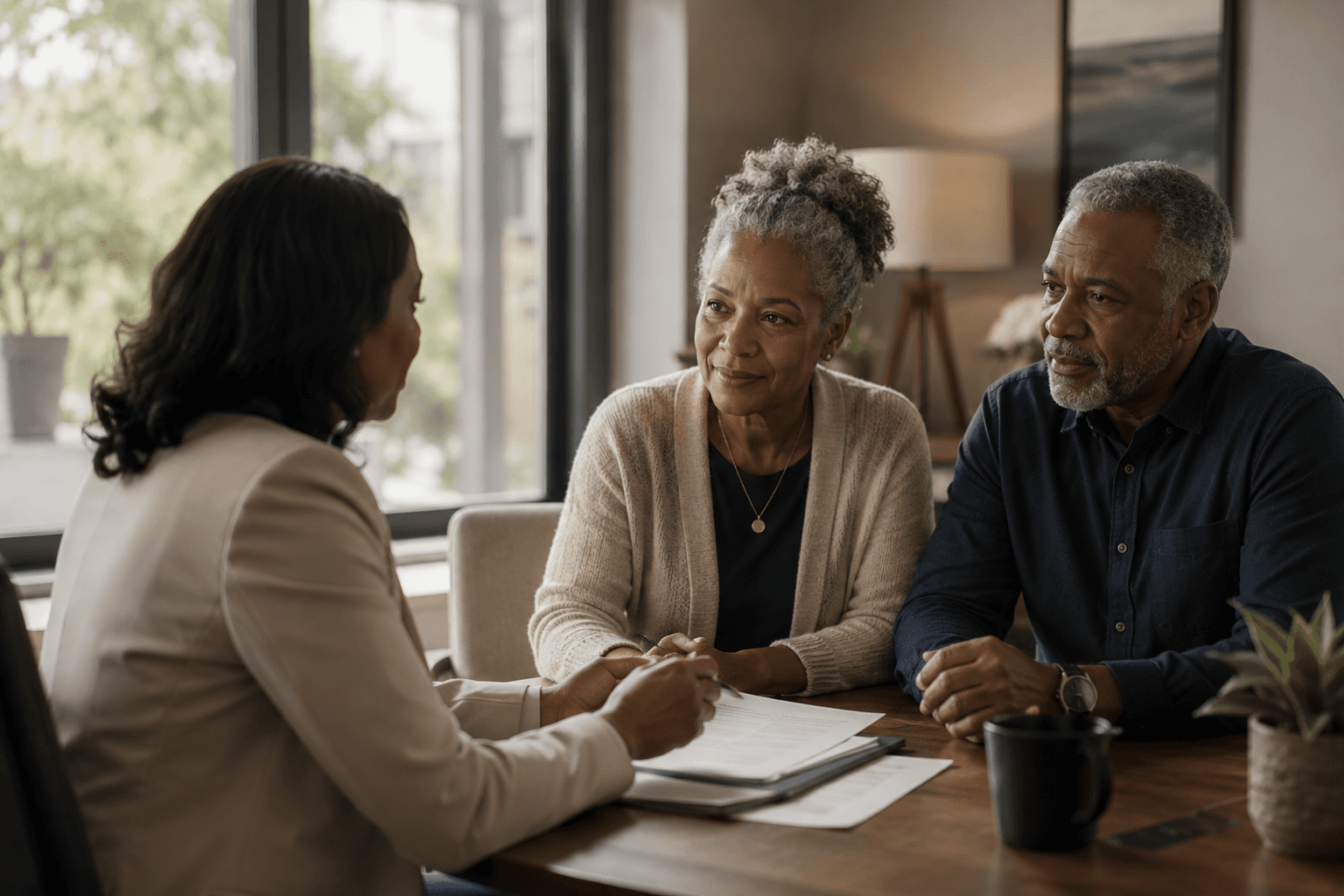 An older couple sitting across a desk from a younger professional, discussing their case calmly — the kind of conversation we set up between families and the Georgia probate attorneys in our network.