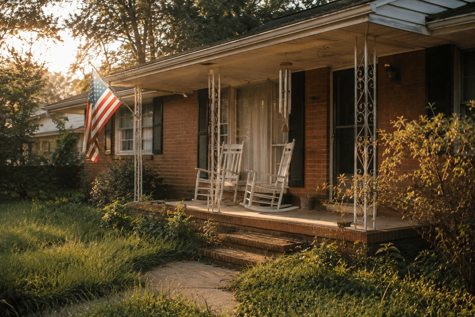 A Georgia brick ranch home with rocking chairs on the porch and an American flag — the kind of inherited property families are weighing whether to sell, keep, or rent.
