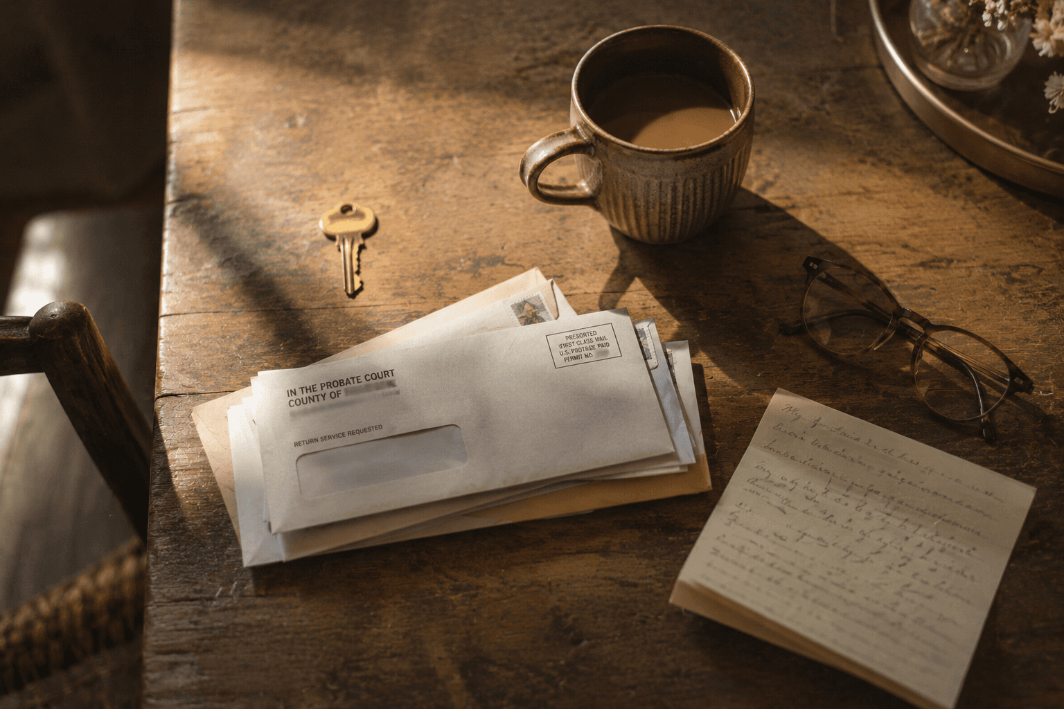 A probate-court envelope, a brass house key, a coffee mug, reading glasses, and a handwritten notebook on a warm wooden table — the everyday materials of the process we walk families through.